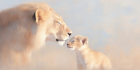 Obraz premium Lion's Tender Touch: A mother lion lovingly nuzzles her cub, a heartwarming display of affection, loyalty and protection in the wild. capturing the gentle bond within a family.