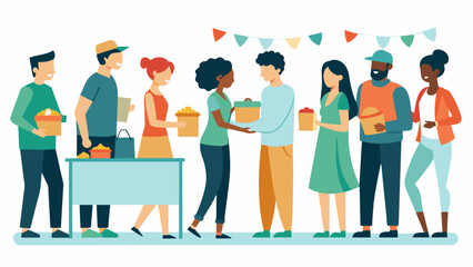 Fototapeta premium A line of eager swappers forming as people take turns showcasing their items and negotiating trades with others at the community swap event.. Vector illustration