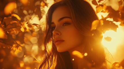 Fototapeta premium Autumn sunset portrait, woman, golden leaves, nature, serene, beauty, outdoor, backlight, advertising