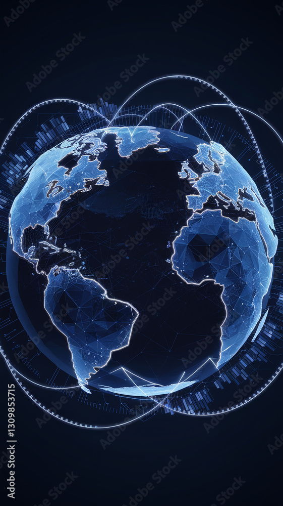 Poster Stylized blue globe with connecting lines, data points, and graphs, showcasing global connection and data visualization, representing digital networking, technology, and worldwide communication