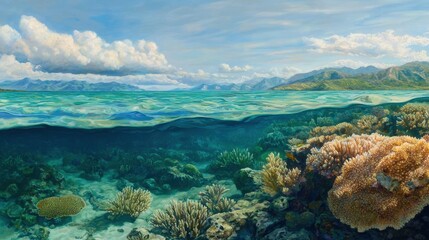 Fototapeta premium Vibrant Underwater Scene with Coral Reef and Scenic Landscape