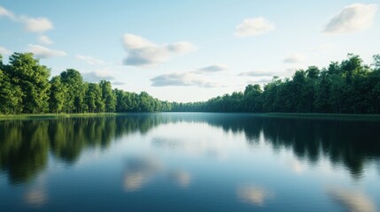 Fototapeta premium Serene Lake Surrounded by Lush Greenery Under a Clear Blue Sky
