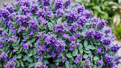 Compact shrub with purple flowers and silvery-green leaves, shrubby germander, small tree