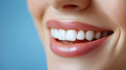 Obraz premium Perfect white teeth in a gentle female smile, soft natural light, vibrant blue background, emphasizing elegance, warmth, and dental health