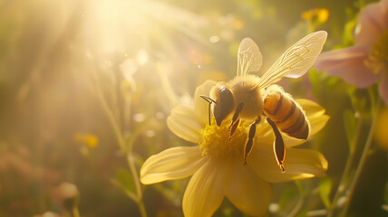 Fototapeta premium Photograph of a bee collecting nectar from a vibrant flower, with soft sunlight filtering through a lush garden background