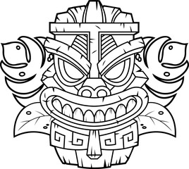 Black And White Tiki Mask with Tribal Carvings and
Tropical Leaves. Hawaiian Polynesian Art Illustration