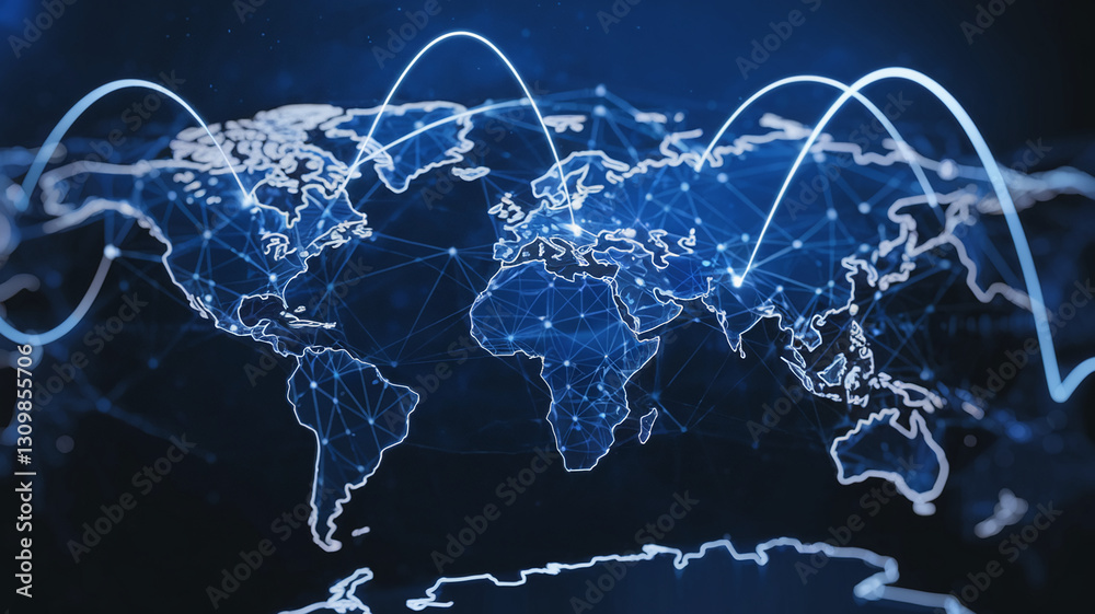 Poster abstract world map with glowing connections, symbolizing global network, communication, and digital 