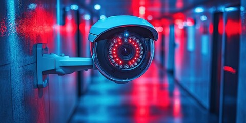Surveillance camera watching over a dimly lit corridor with blue and red lights at night in an urban setting