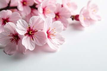 Fototapeta premium Delicate cherry blossoms unfolding on a white surface, delicate petals, gentle hue, floral arrangement