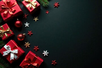 Delicate Christmas decorations on a black background, presents, ornaments