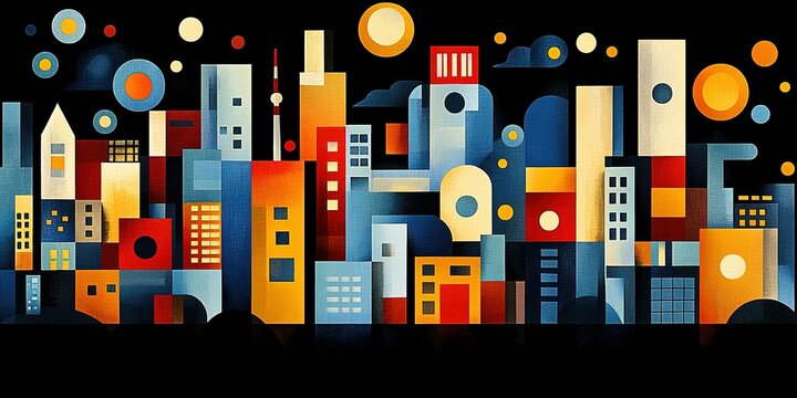 Urban skyline artwork featuring bold colors and geometric shapes creating a vibrant cityscape at dusk