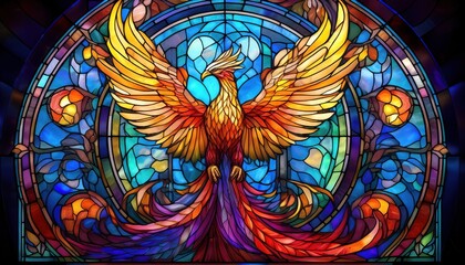 A vibrant phoenix spreads its wings before shimmering stained glass, exuding magic.