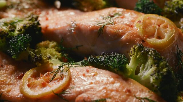 



Baked salmon fillets and broccoli seasoned lemon, close up view