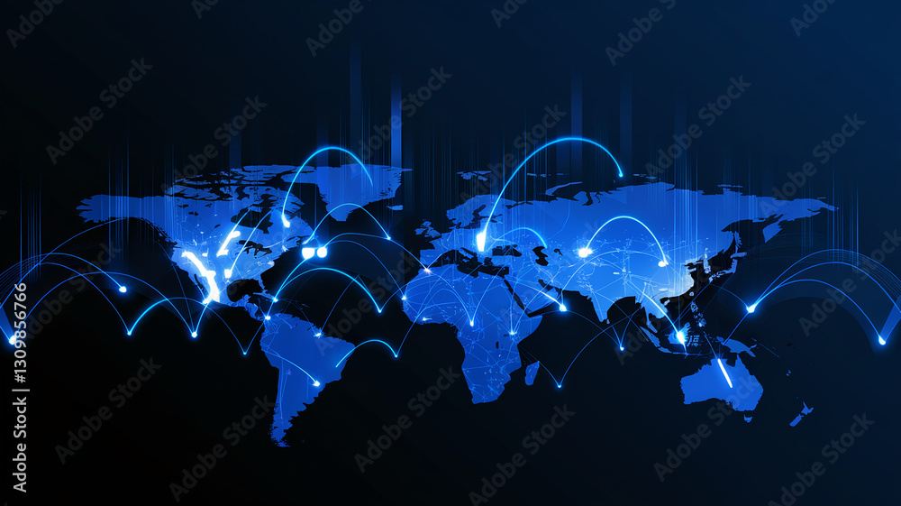 Poster stylized world map with glowing blue lines connecting continents, representing global network, commu