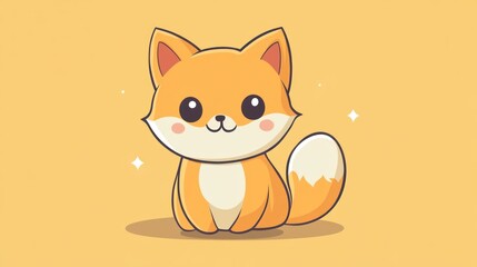 A cute cartoon fox sitting down on a yellow background