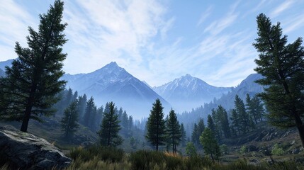 Fototapeta premium Serene Mountain Landscape with Evergreen Trees and Blue Sky