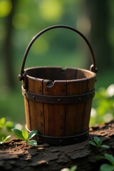 Empty bucket nailed on wood with sap dripping slow, slow, tap
