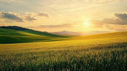 Serene Golden Sunrise Over Lush Rolling Fields and Mountains