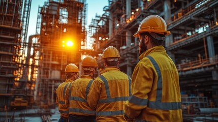 Industrial workers observing a refinery at sunset