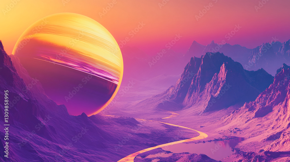 Poster purple and orange alien landscape with a large planet and winding river, creating a surreal and drea