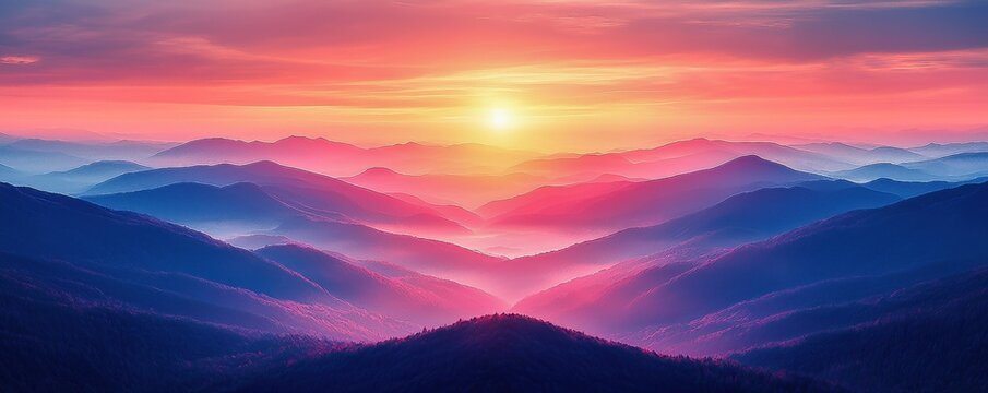 Panoramic view of colorful sunrise over mountain backdrop amidst foggy tree outlines, with warm sunlight & hues of dawn colours against a soft blue background at dusk.