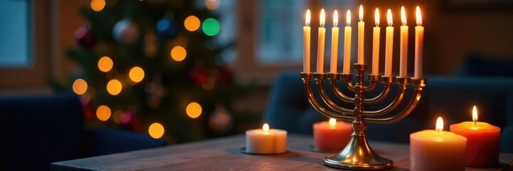 Hanukkah menorah with candles on a wooden table, festive, table