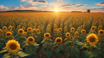 Obraz premium A Picturesque Field of Sunflowers Bathed in Sunshine, Symbolizing Joy and Beauty