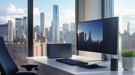 Modern office desk cityscape view, computer screen showing city skyline, workday background