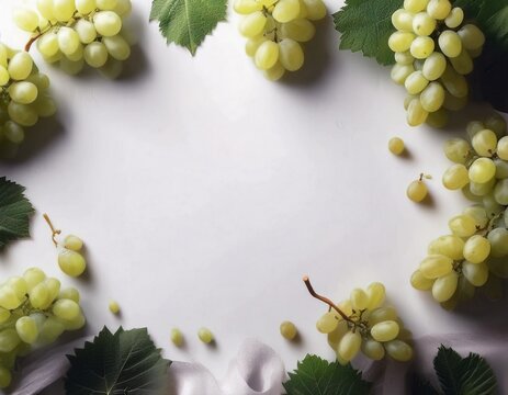 Marco de uvas blancas, fondo blanco, realista, 4k copyspace
