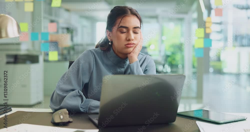 Aufkleber Bored, frustration and laptop with business woman in office for deadline or problem solving. Burnout, computer and depression with moody employee in creative workplace for project management solution