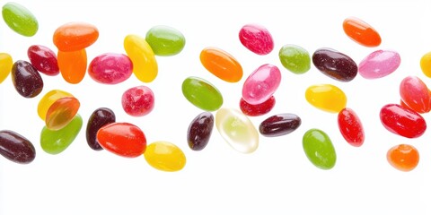 Jelly beans scattering mid-air isolated on white background