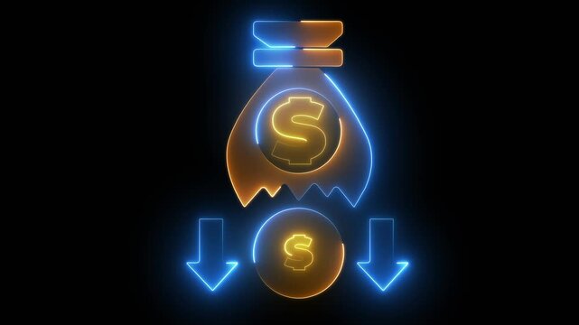 Money loss concepts. Arrow and dollar stocks graph, the stock price falls,  neon down arrow stocks graph with black background.