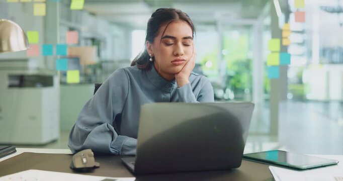 Bored, frustration and laptop with business woman in office for deadline or problem solving. Burnout, computer and depression with moody employee in creative workplace for project management solution