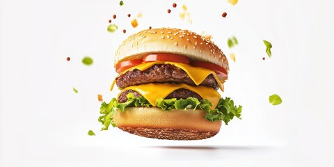 Juicy cheeseburger with melted cheese and crispy lettuce floating on a bright white background