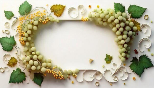 Marco de uvas blancas, fondo blanco, realista, 4k copyspace
