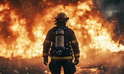 Fototapeta premium Courageous firefighter stands before intense fire showcasing bravery and duty