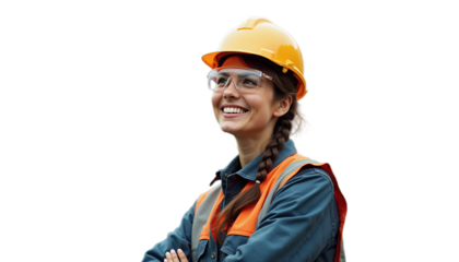Smiling female construction worker in helmet and safety gear poses confidently on site