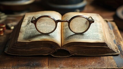 Vintage book and glasses, Exploring knowledge through antique reading