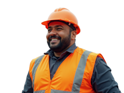 Construction worker smiling while wearing safety gear and hard hat at a work site