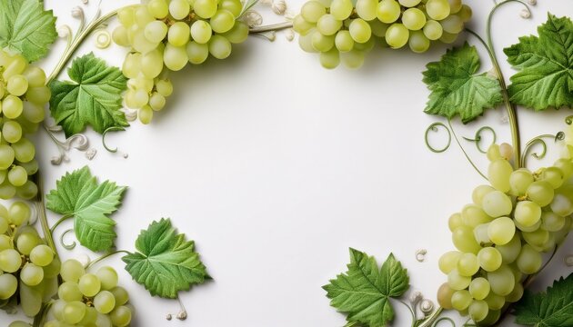 Marco de uvas blancas, fondo blanco, realista, 4k copyspace