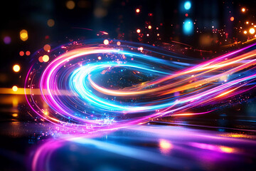 Obraz premium Pulsing light trails in electric blue and bright pink weaving through glowing neon lines, creating an ethereal sci-fi landscape with living light effects