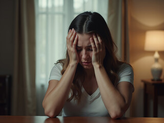 Woman, domestic violence victim expressing intense stress in a dimly lit room during the evening