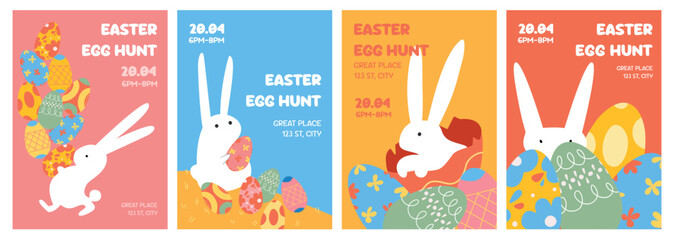 A set of posters or invitations for Easter egg hunt with eggs and cute cartoon rabbits.