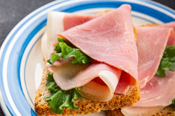 Sandwich ham tasty fresh delicious gourmet food background on table rustic food top view copy space