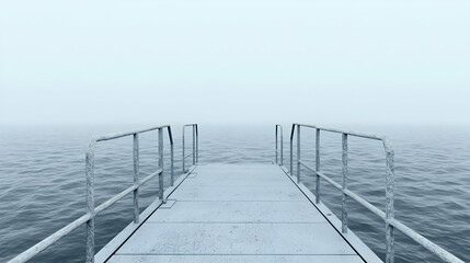 Fototapeta premium Serene Dock Overlooking Calm Water in a Foggy Atmosphere