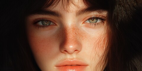 Captivating Gaze: A close-up portrait of a beautiful woman with striking eyes, captivating freckles, and soft, natural lighting.
