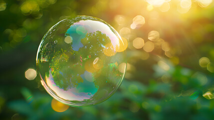 Ethereal Rainbow Sphere: A Fragile Soap Bubble in Sunlit Green Surroundings