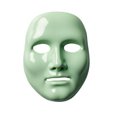 Green facial mask with smooth surface and blank expression on isolated white background