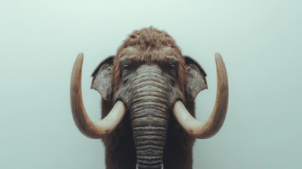 Obraz premium A captivating close-up reveals the majestic head of a woolly mammoth, with its textured fur and expressive eyes dominating the scene. Its formidable tusks arch gracefully over a rugged brow, while coa