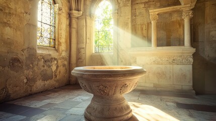 Sunlit ancient stone baptismal font in a chapel